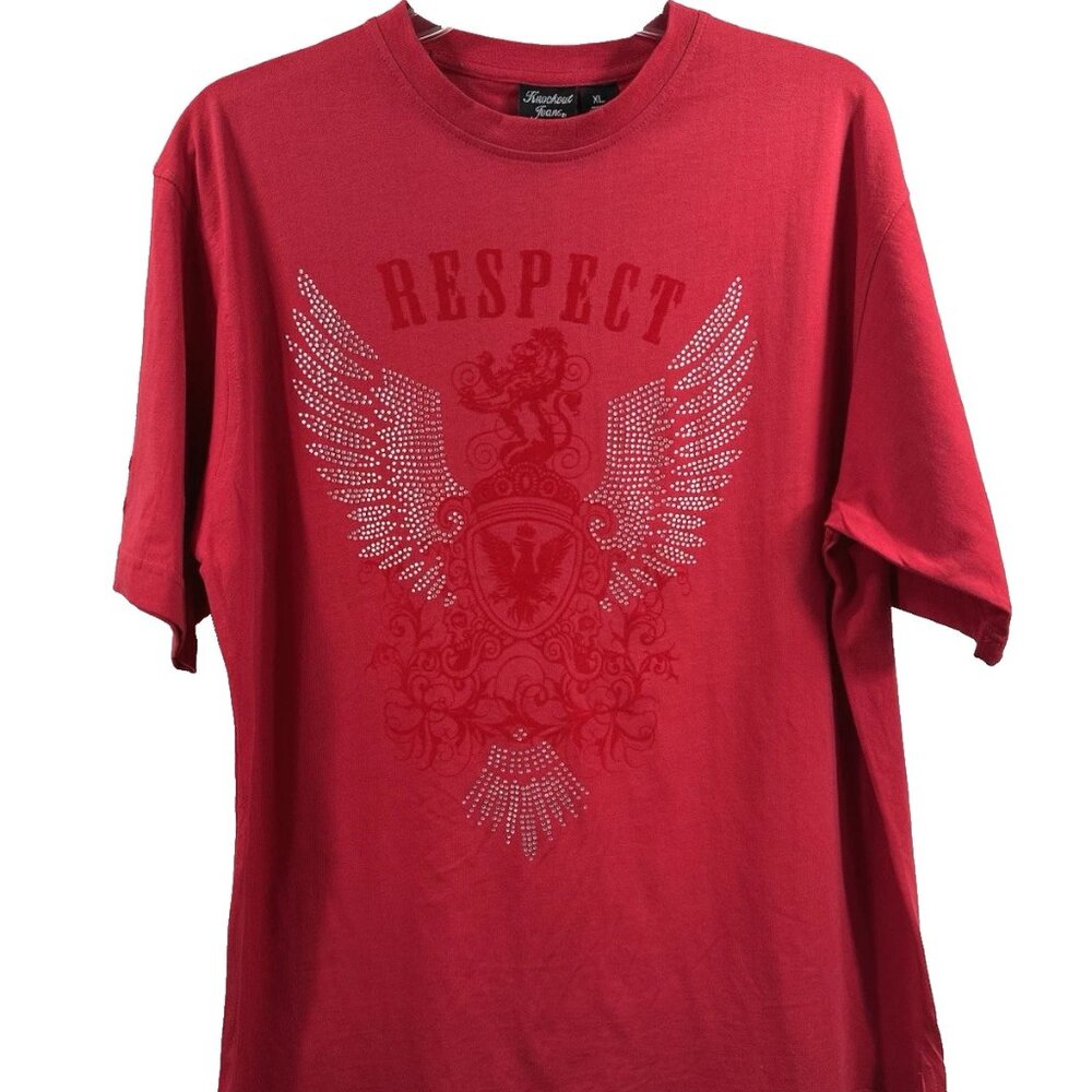 Knockout Jeans Men's Red T-Shirt Respect Rhinestones Wings 100% Cotton Size XL